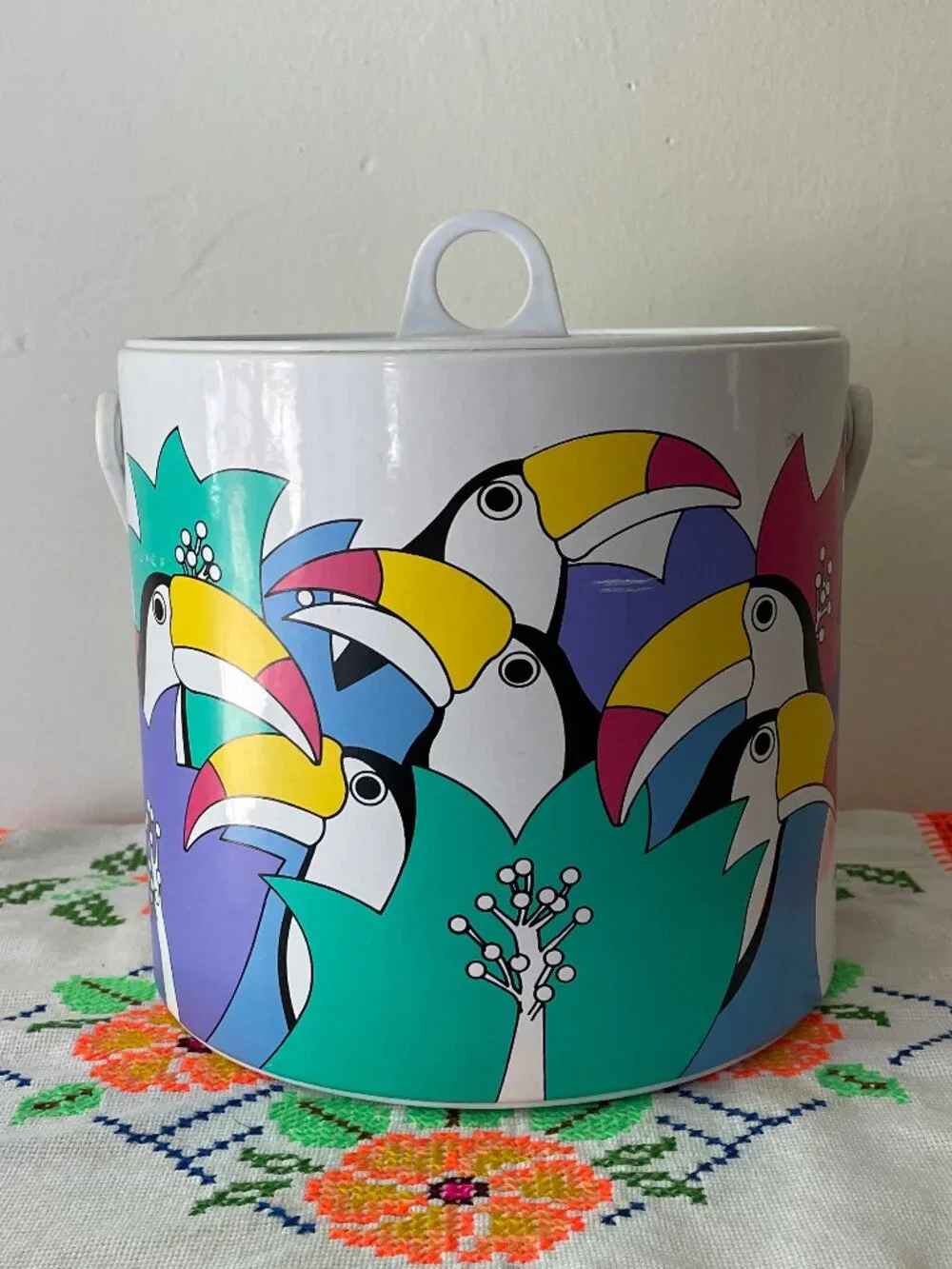 Vintage Toucan Ice Bucket with Coaster & Tongs